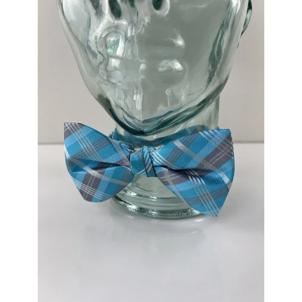 NEW PreTied Grey & Blue Plaid Bow Tie Neck Tie Adjustable Size Ballroom Formal